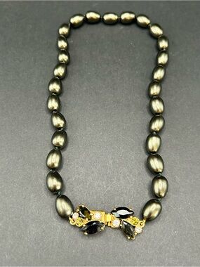 Vintage Monet Gunmetal Necklace Beaded Rhinestone‎ Crystal Ornate Clasp 16"